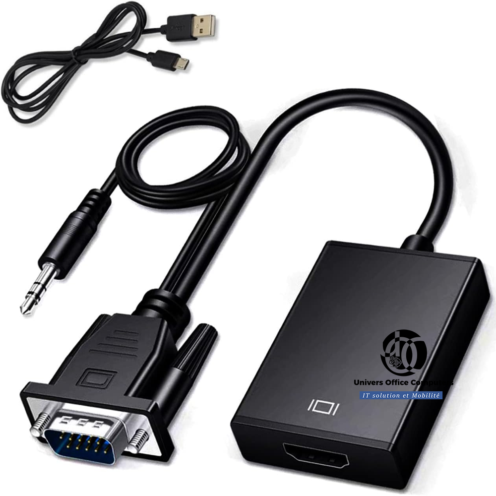 Câble VGA vers HDMI convertisseur 1080p avec câble audio 3,5 mm et câble d'alimentation pour les TV, projecteurs et moniteurs