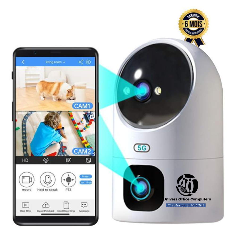 Caméra de sécurité à double objectif - WiFi 5G/2,4 G - Appel à une touche, Vision nocturne couleur, Audio bidirectionnel, Détection de mouvement intelligente - 6 Mois