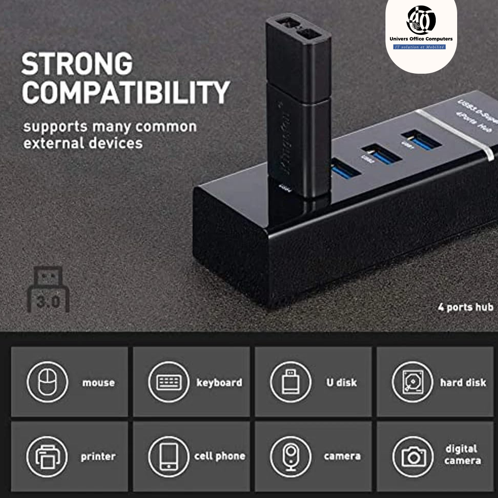 Adapteur Multiports HUB USB 3.0 Avec 4 Ports – Noir vente au Cameroun chez Univers office computers – Image 4