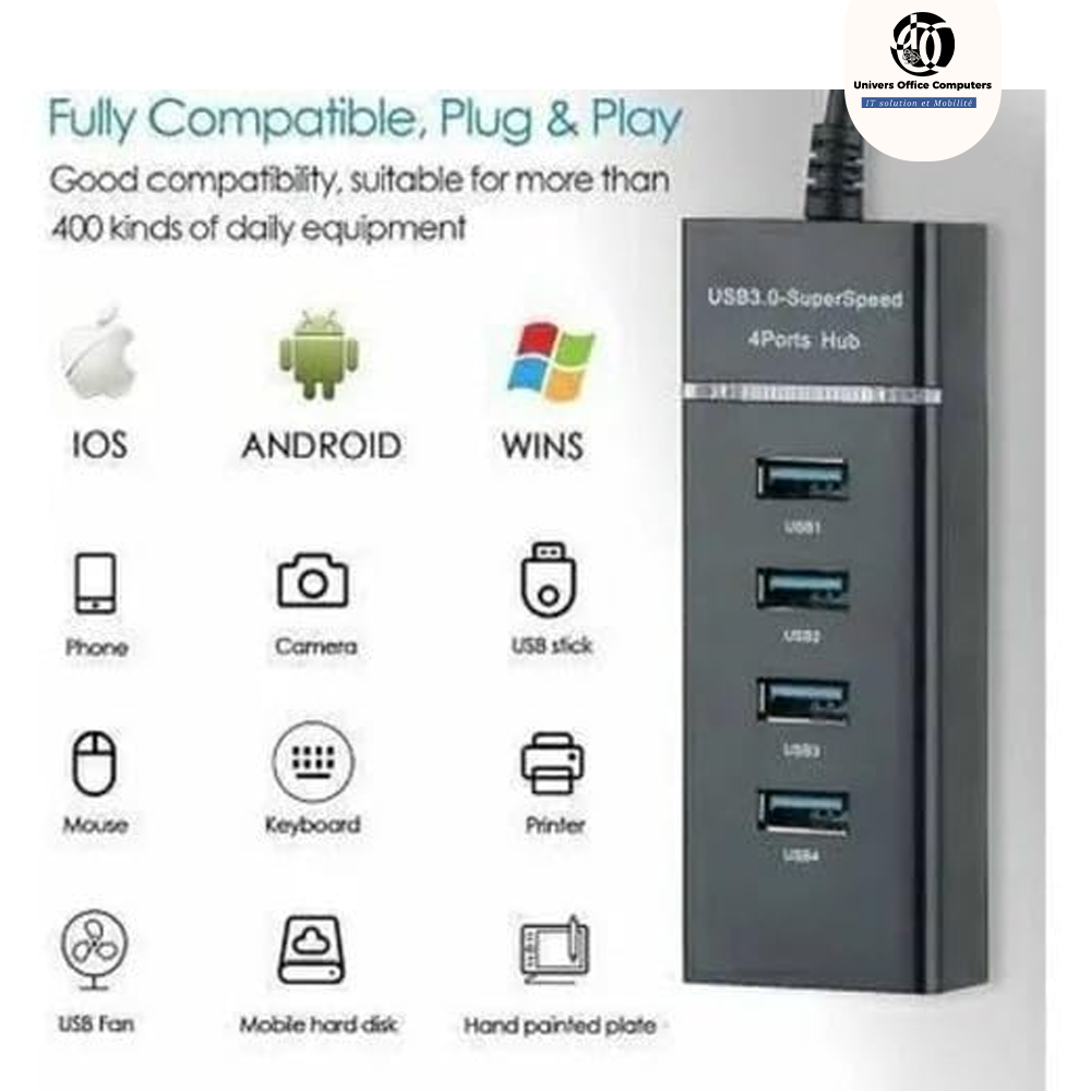 Adapteur Multiports HUB USB 3.0 Avec 4 Ports – Noir vente au Cameroun chez Univers office computers – Image 2